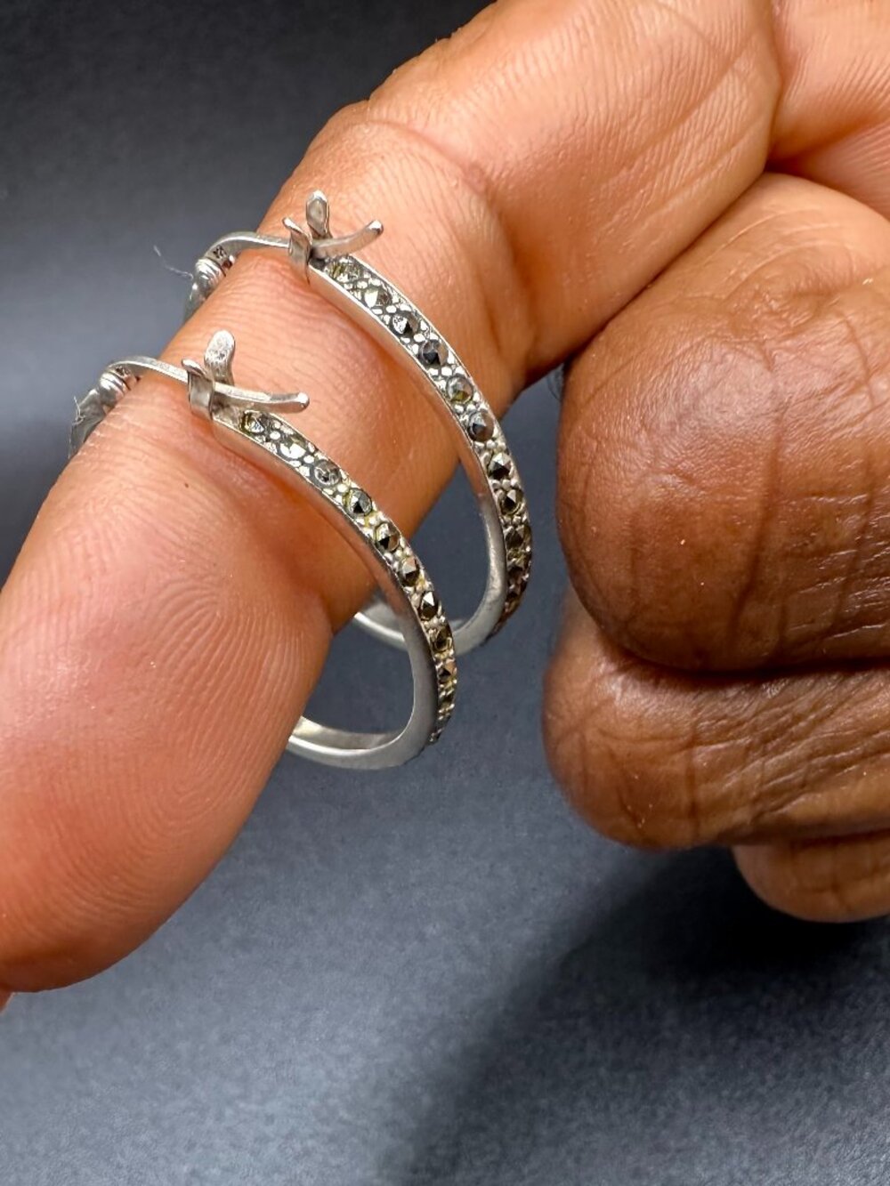 Vintage 925 Sterling Silver Marcasite Style Hoop Earrings